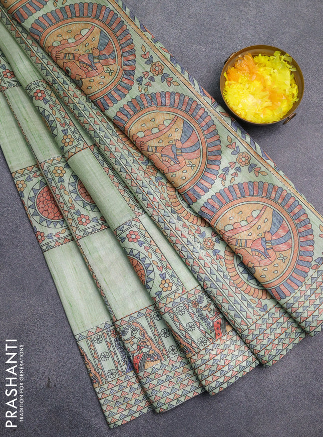 Semi tussar saree pista green with allover mathubani prints & kantha stitch work