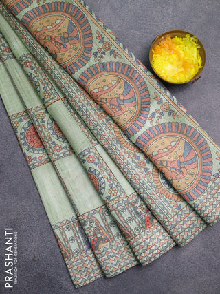 Semi tussar saree pista green with allover mathubani prints & kantha stitch work