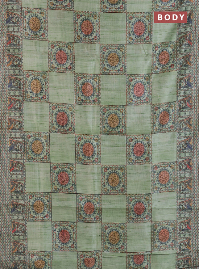 Semi tussar saree pista green with allover mathubani prints & kantha stitch work