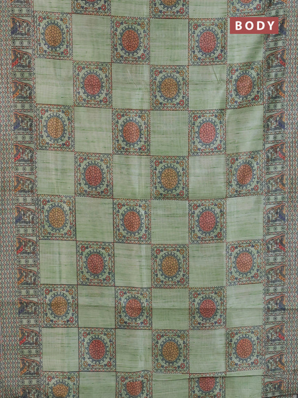 Semi tussar saree pista green with allover mathubani prints & kantha stitch work