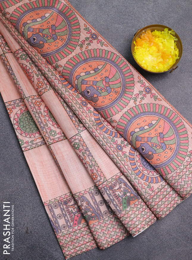 Semi tussar saree peach shade with allover mathubani prints & kantha stitch work