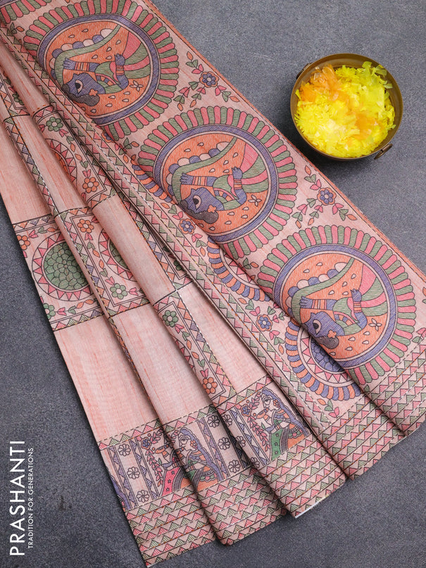 Semi tussar saree peach shade with allover mathubani prints & kantha stitch work