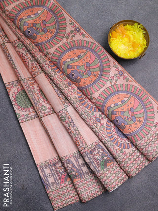 Semi tussar saree peach shade with allover mathubani prints & kantha stitch work