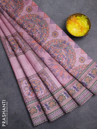 Semi tussar saree mauve pink with allover mathubani prints & kantha stitch work
