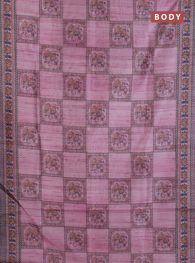 Semi tussar saree mauve pink with allover mathubani prints & kantha stitch work