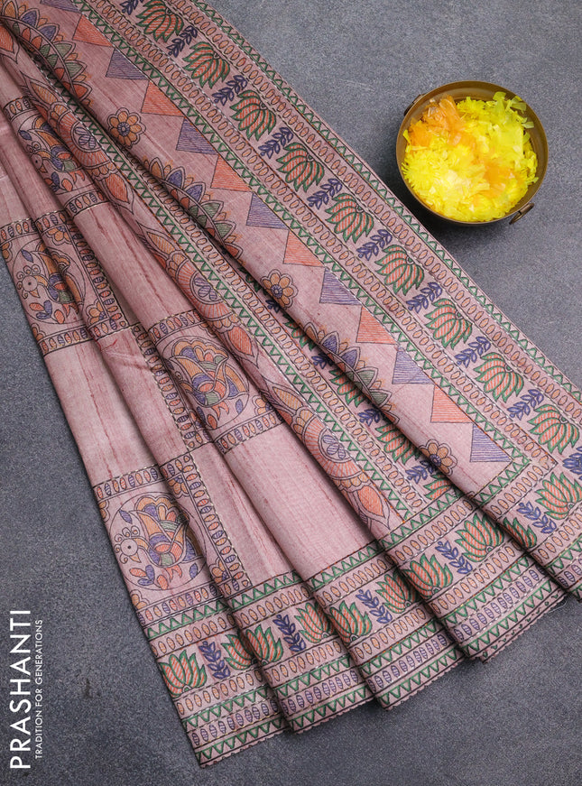 Semi tussar saree pastel pink with allover mathubani prints & kantha stitch work