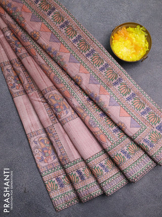Semi tussar saree pastel pink with allover mathubani prints & kantha stitch work