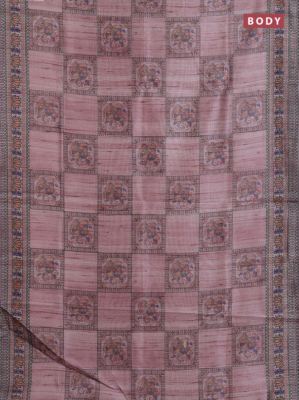 Semi tussar saree pastel pink with allover mathubani prints & kantha stitch work