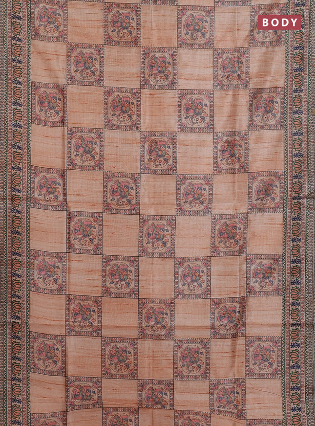 Semi tussar saree orange with allover mathubani prints & kantha stitch work