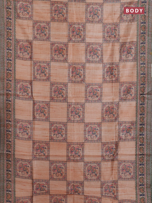 Semi tussar saree orange with allover mathubani prints & kantha stitch work