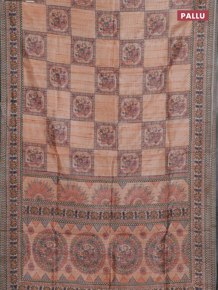 Semi tussar saree orange with allover mathubani prints & kantha stitch work