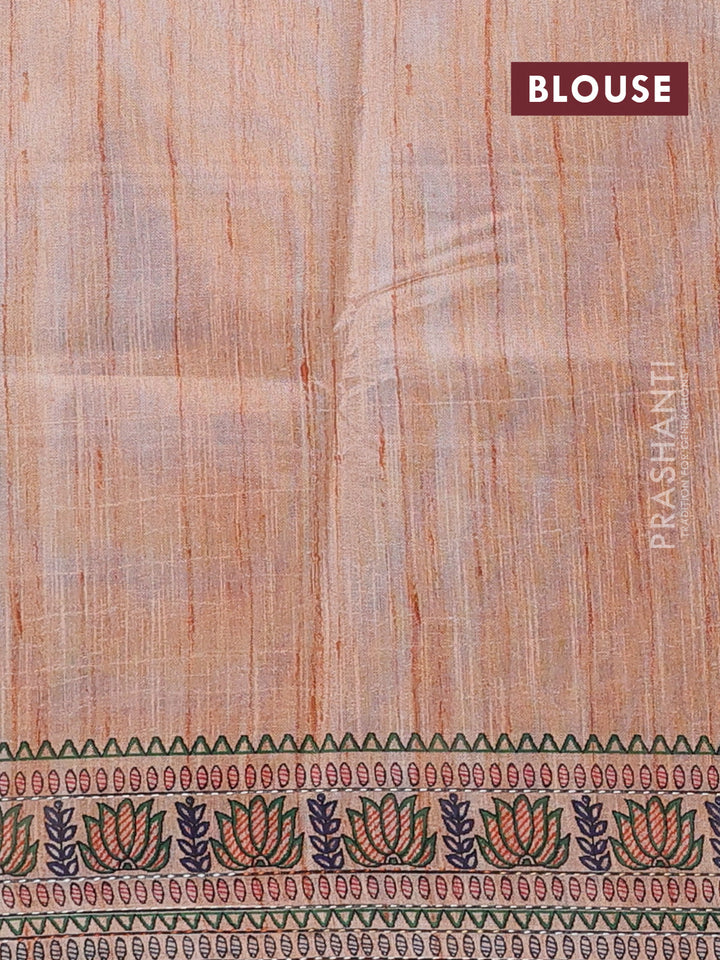 Semi tussar saree orange with allover mathubani prints & kantha stitch work