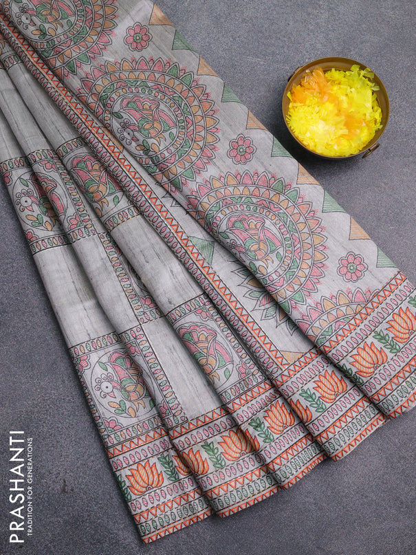 Semi tussar saree grey with allover mathubani prints & kantha stitch work