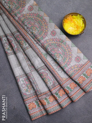 Semi tussar saree grey with allover mathubani prints & kantha stitch work