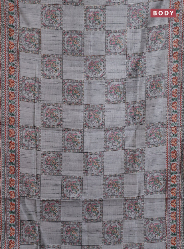 Semi tussar saree grey with allover mathubani prints & kantha stitch work