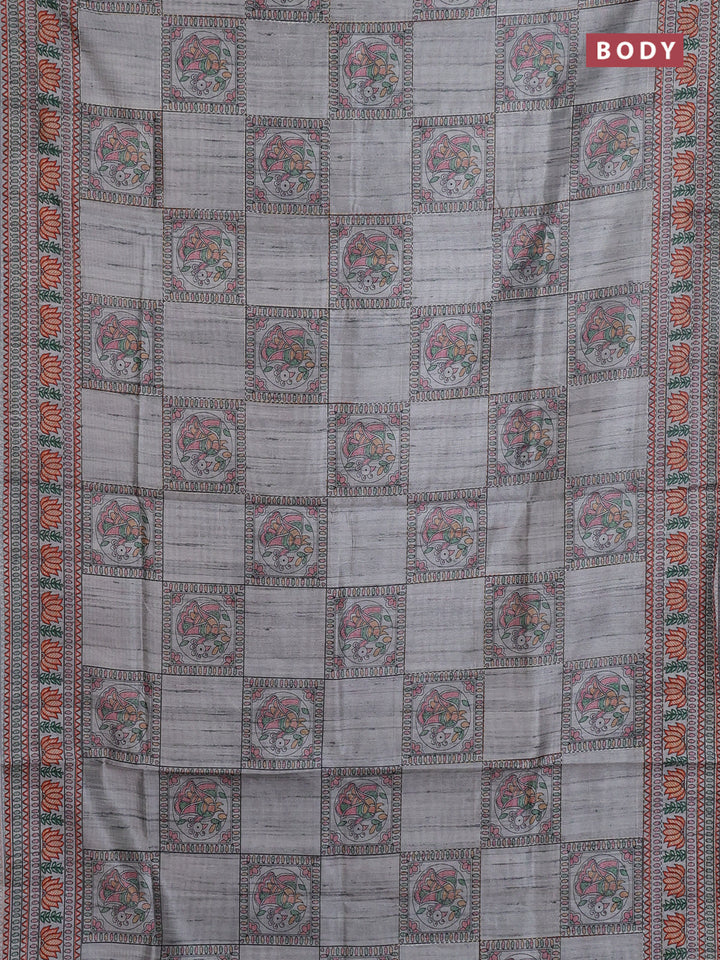 Semi tussar saree grey with allover mathubani prints & kantha stitch work