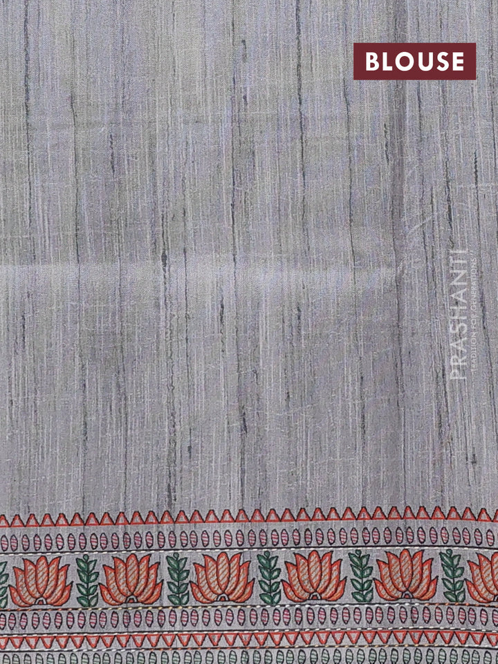Semi tussar saree grey with allover mathubani prints & kantha stitch work