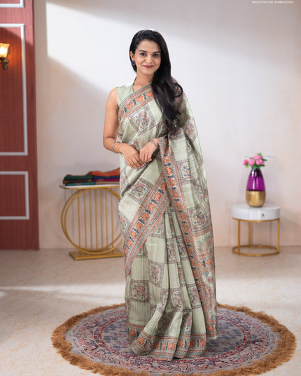 Semi tussar saree pista green with allover mathubani prints & kantha stitch work