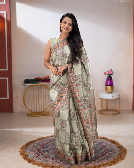 Semi tussar saree pista green with allover mathubani prints & kantha stitch work