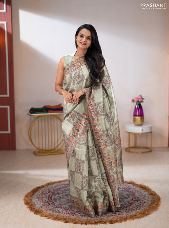 Semi tussar saree pista green with allover mathubani prints & kantha stitch work