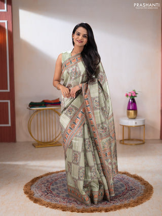 Semi tussar saree pista green with allover mathubani prints & kantha stitch work