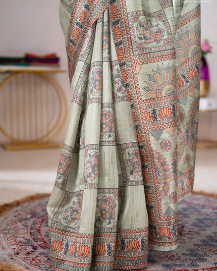 Semi tussar saree pista green with allover mathubani prints & kantha stitch work