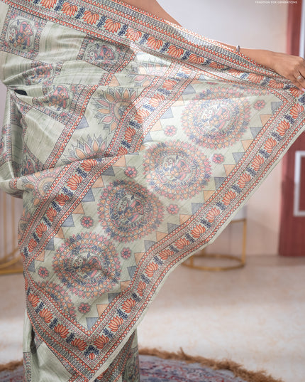 Semi tussar saree pista green with allover mathubani prints & kantha stitch work