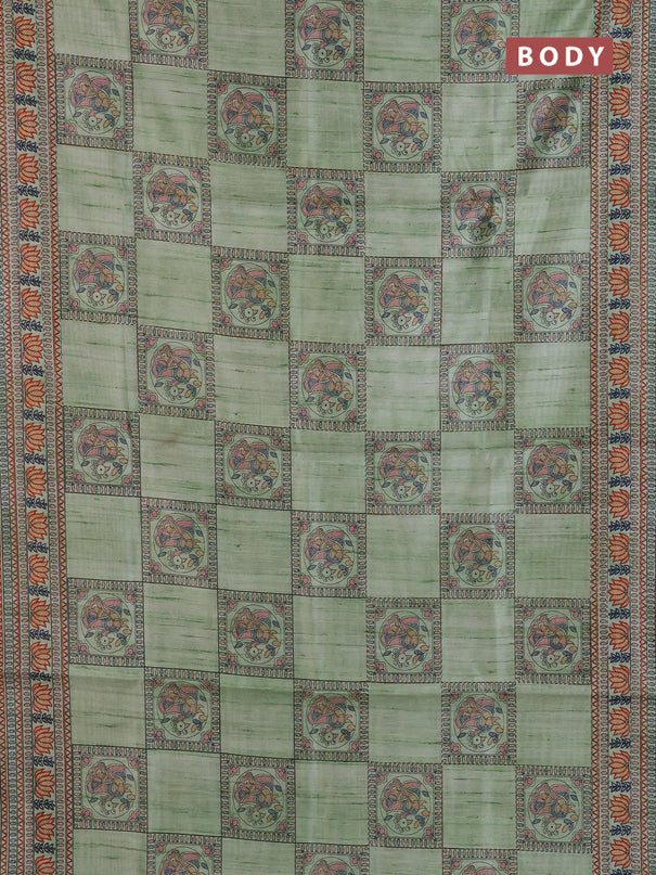 Semi tussar saree pista green with allover mathubani prints & kantha stitch work