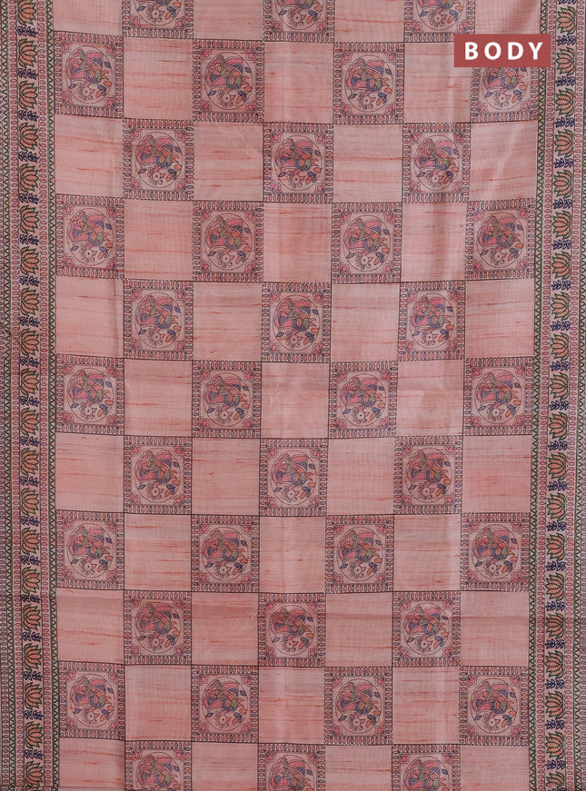 Semi tussar saree peach shade with allover mathubani prints & kantha stitch work
