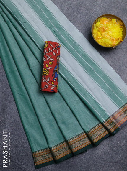 Narayanpet cotton saree green shade and maroon with plain body and thread woven border