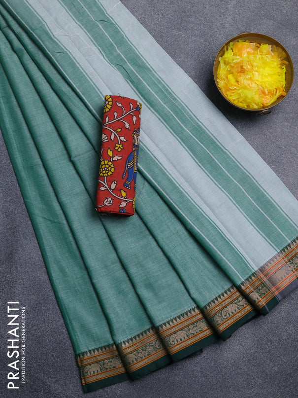 Narayanpet cotton saree green shade and maroon with plain body and thread woven border