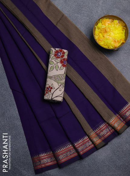 Narayanpet cotton saree violet and beige with plain body and thread woven border