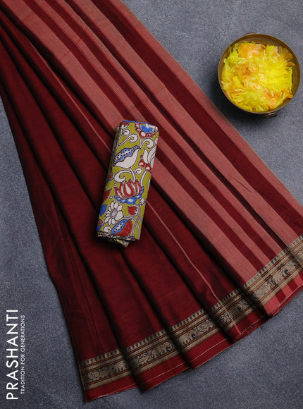 Narayanpet cotton saree deep maroon and light green with plain body and thread woven border