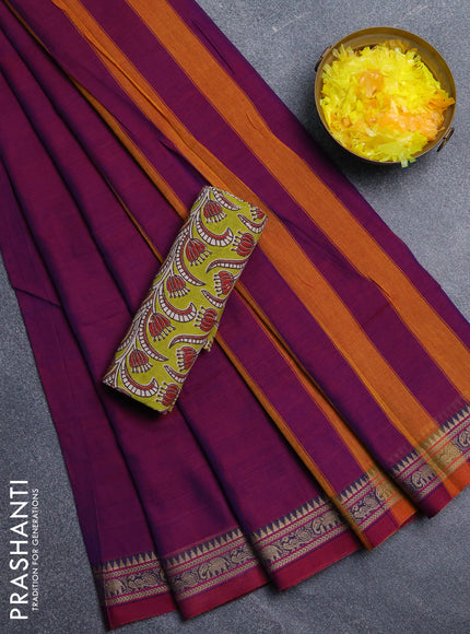 Narayanpet cotton saree purple and light green with plain body and thread woven border
