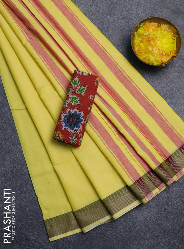 Narayanpet cotton saree yellow and maroon with plain body and thread woven border