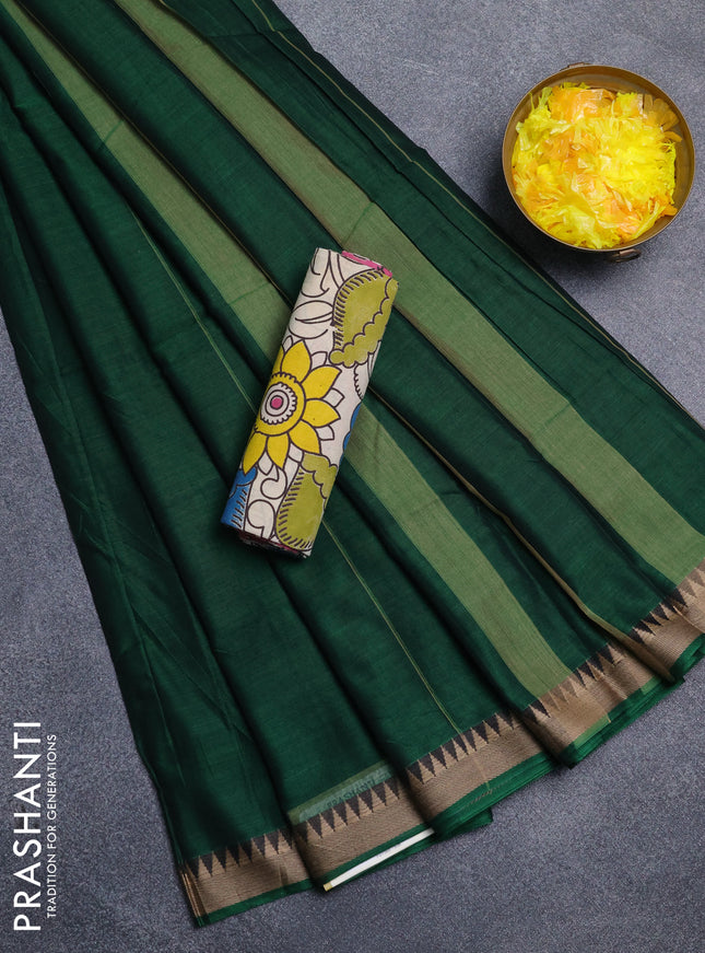 Narayanpet cotton saree bottle green and beige with plain body and thread woven border