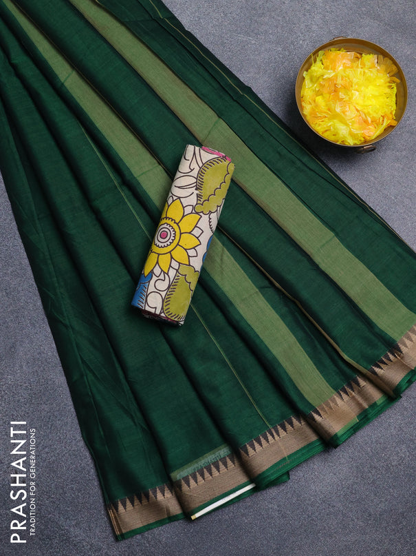 Narayanpet cotton saree bottle green and beige with plain body and thread woven border