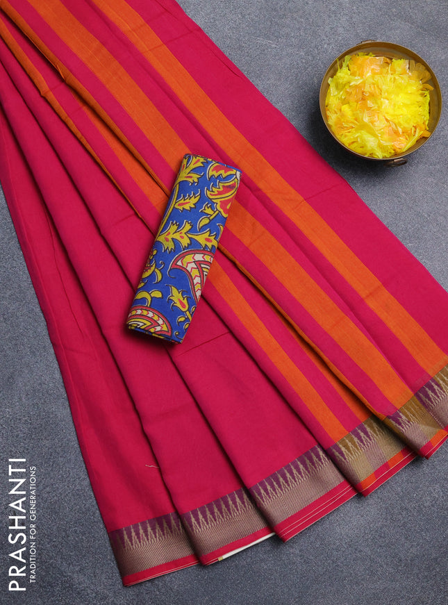 Narayanpet cotton saree pink and cs blue with plain body and thread woven border