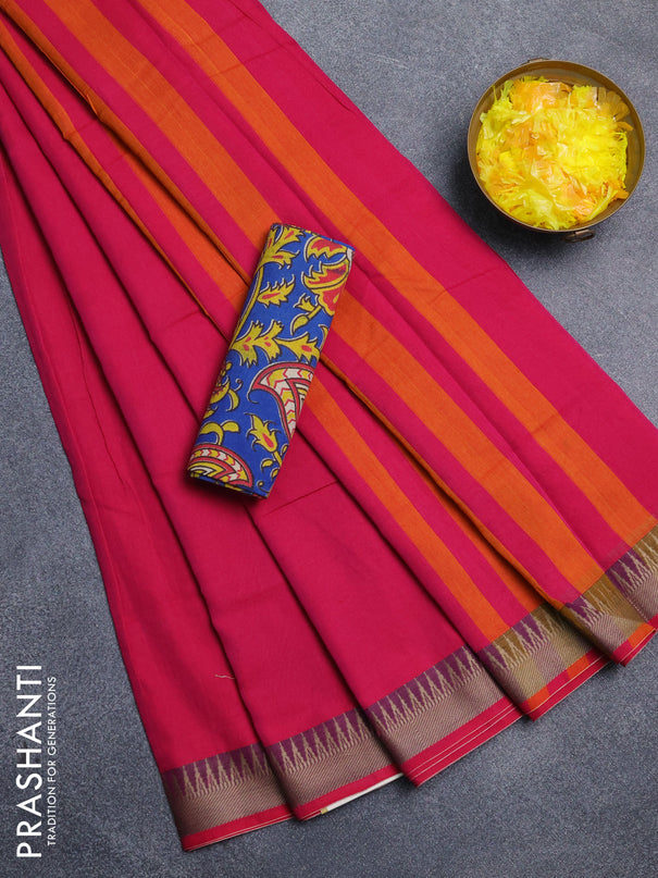 Narayanpet cotton saree pink and cs blue with plain body and thread woven border