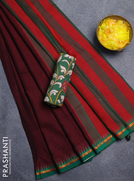 Narayanpet cotton saree deep wine shade and green with plain body and thread woven border