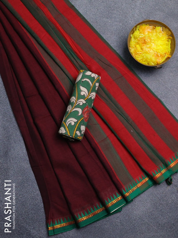 Narayanpet cotton saree deep wine shade and green with plain body and thread woven border