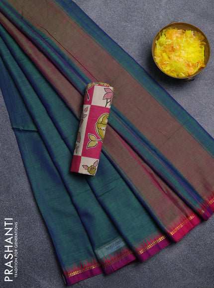 Narayanpet cotton saree dual shade of green and magenta pink with plain body and thread woven border