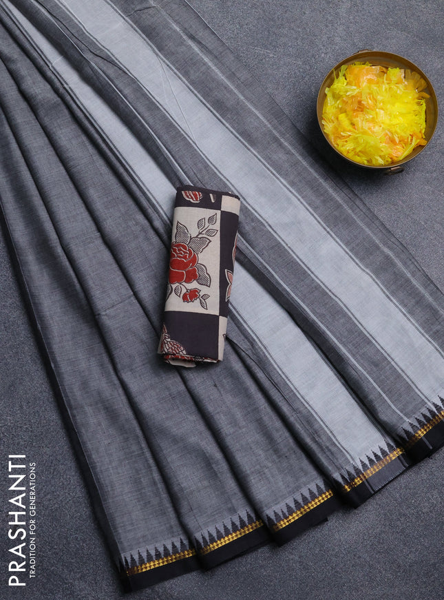 Narayanpet cotton saree grey and black with plain body and thread woven border