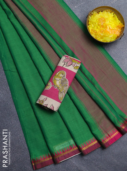 Narayanpet cotton saree light green and pink with plain body and thread woven border