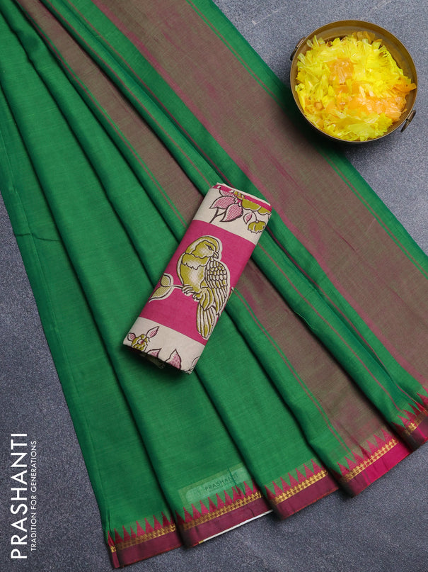 Narayanpet cotton saree light green and pink with plain body and thread woven border
