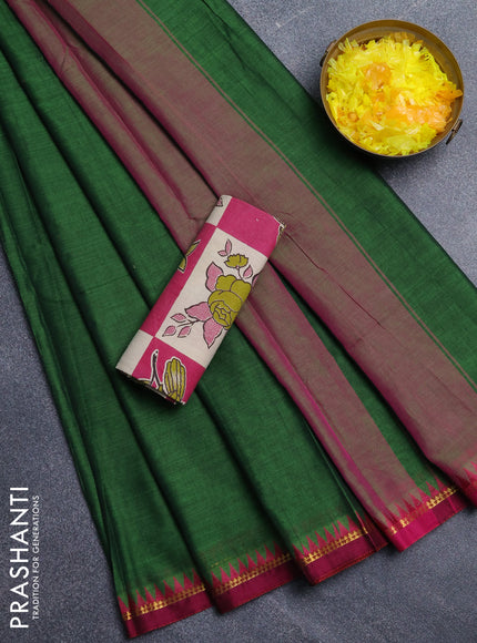 Narayanpet cotton saree green and pink with plain body and thread woven border