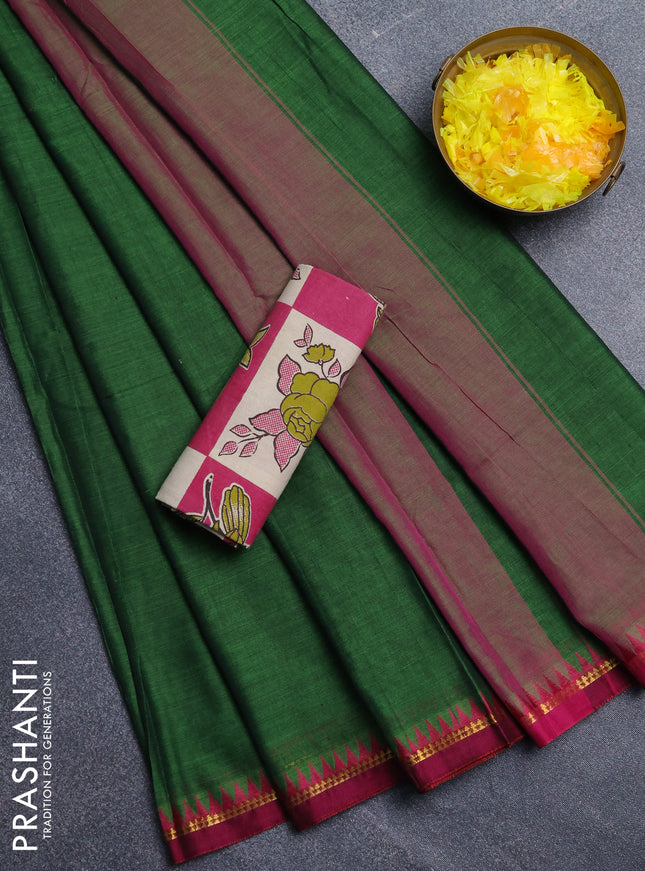 Narayanpet cotton saree green and pink with plain body and thread woven border