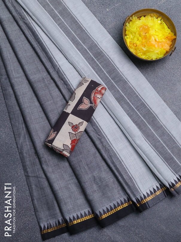 Narayanpet cotton saree grey and black with plain body and thread woven border