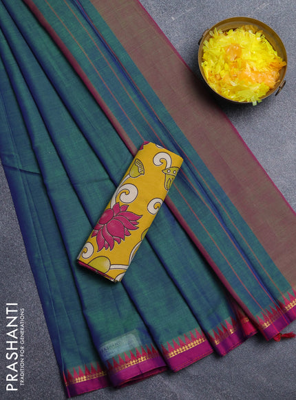 Narayanpet cotton saree dual shade of bluish green and yellow with plain body and thread woven border