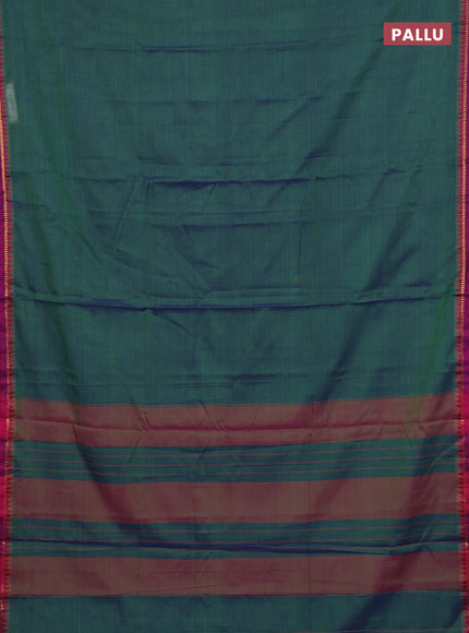 Narayanpet cotton saree dual shade of bluish green and yellow with plain body and thread woven border